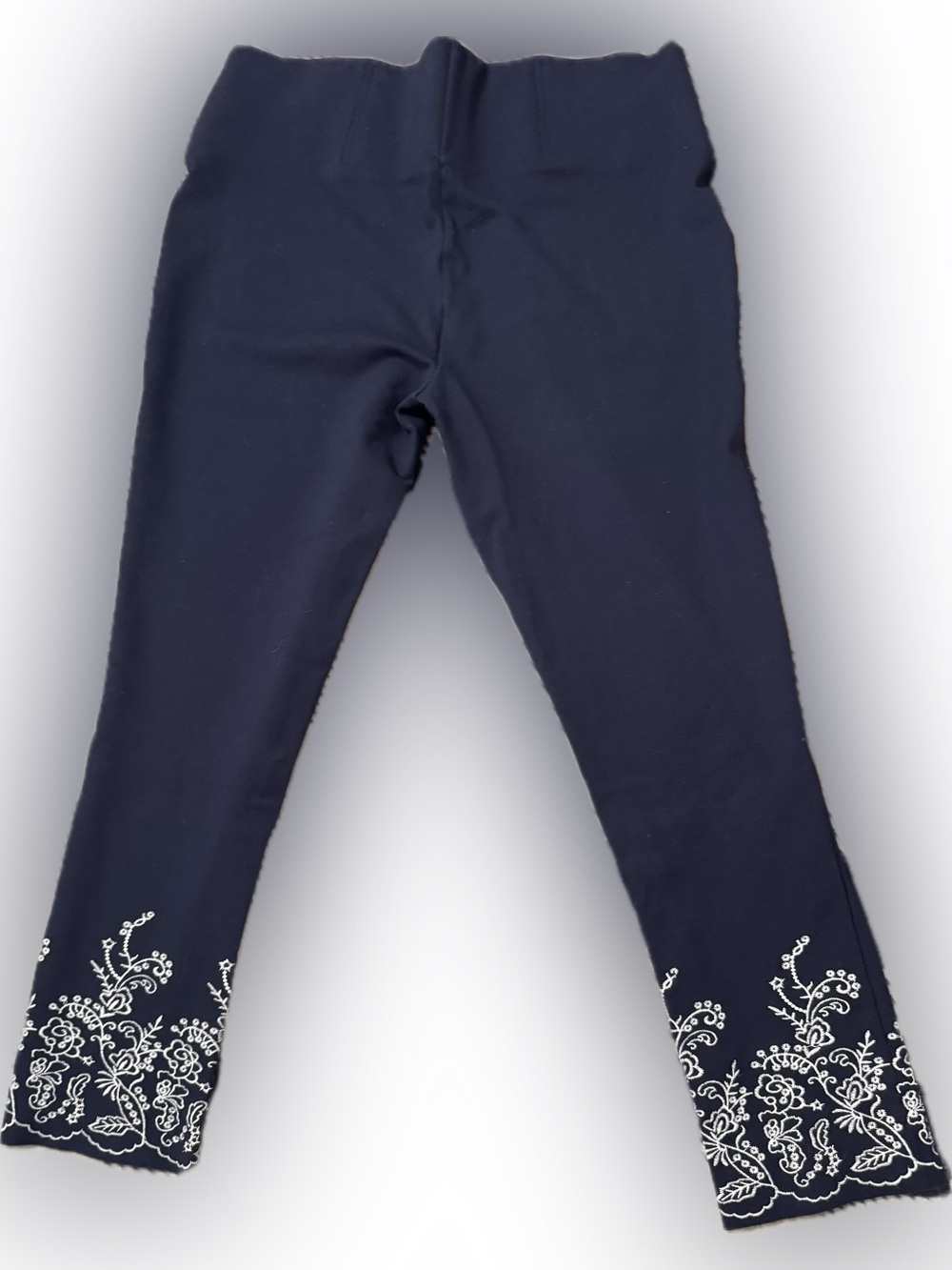 Navy Stretch Pants  with White Floral Hem Embroidery
